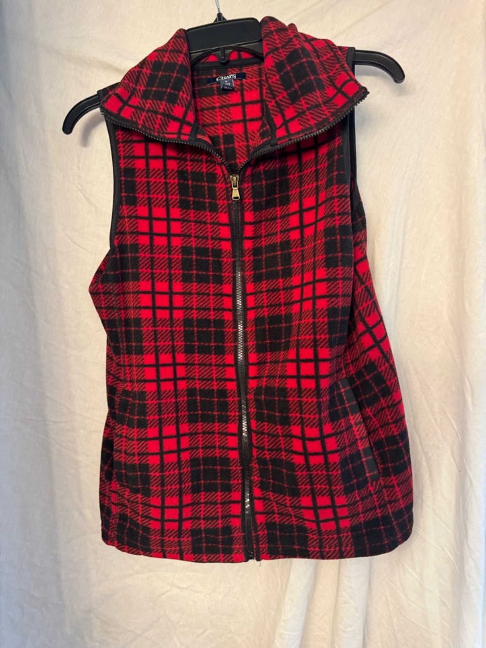 Chaps Red & Black Plaid Fleece Vest with Zip Front